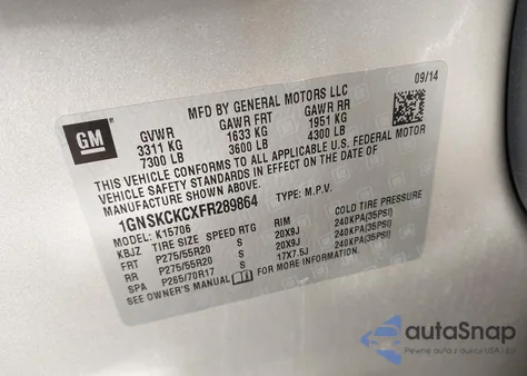 2015 Chevrolet Tahoe Ltz z USA, uszkodzony, nr VIN 1GNSKCKCXFR289864